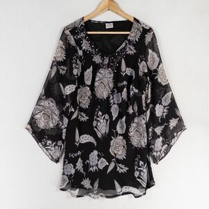 Vtg Fashion Bug Top Blouse Tunic One Size Black Floral Beaded Flowy Boho Chiffon